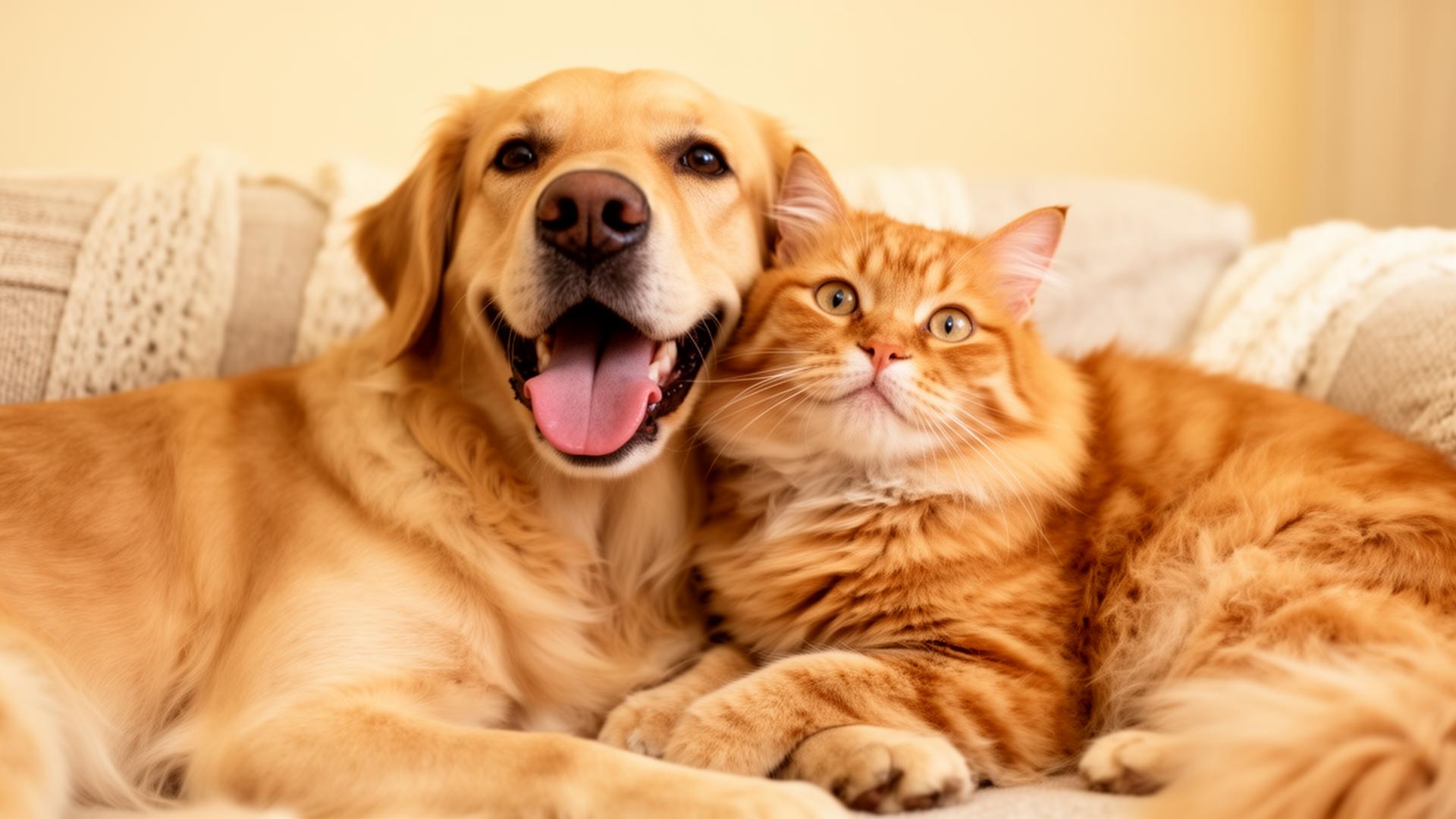 A happy golden retriever and orange cat cuddling